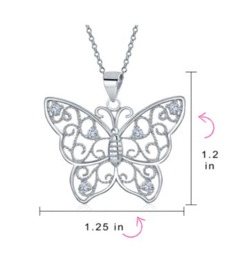 Large Filigree Butterfly Pendant Necklace with CZ Accents in Sterling Silver