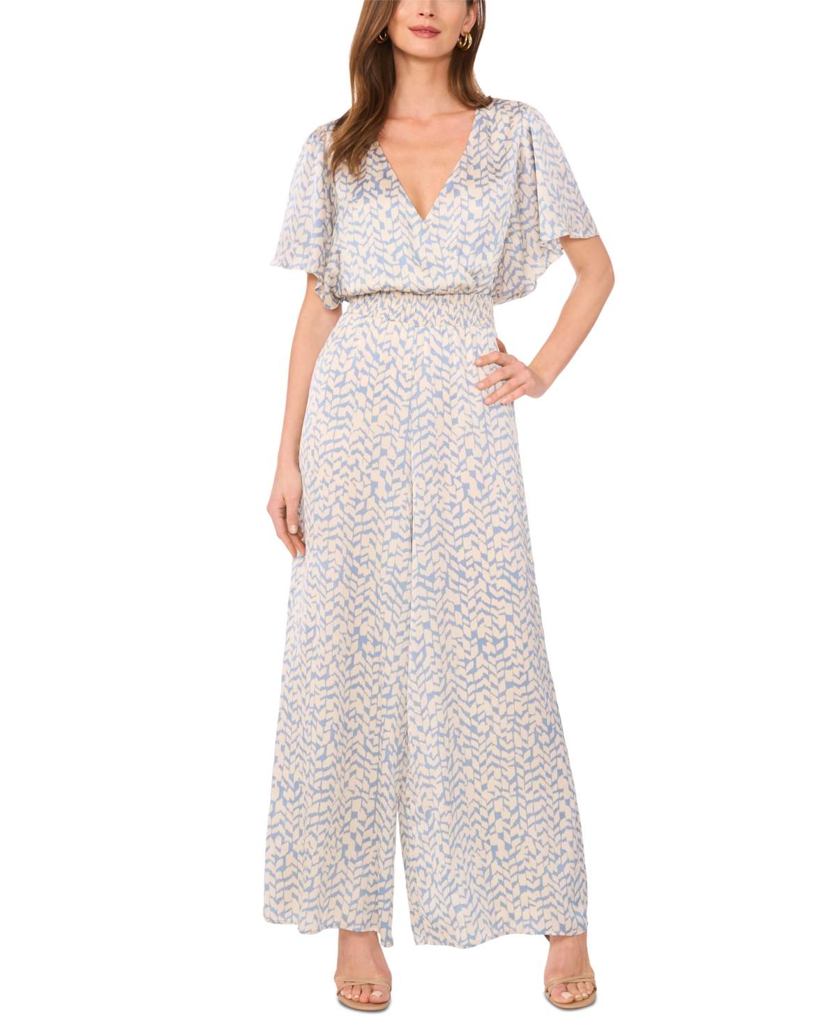 VINCE CAMUTO WOMEN'S PRINTED SMOCKED-WAIST FLUTTER-SLEEVE JUMPSUIT 