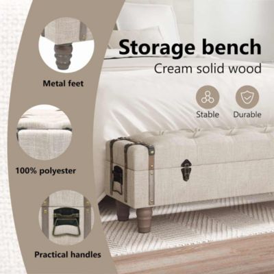Storage Bench 43.7" Cream Solid Wood Fir&Fabric