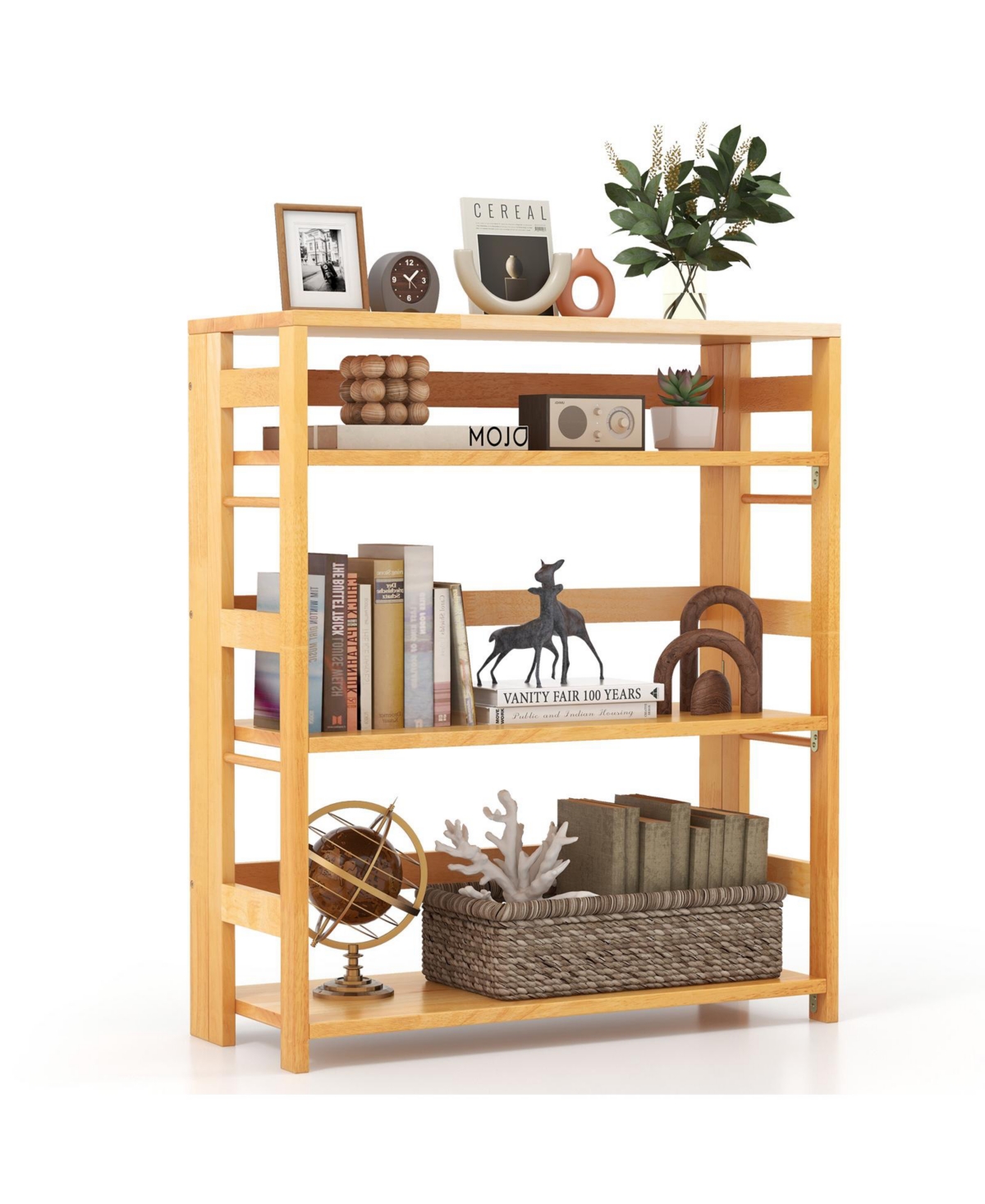 4-Tier Bookshelf Rubber Wood Bookcase with Side Fences for Living Room