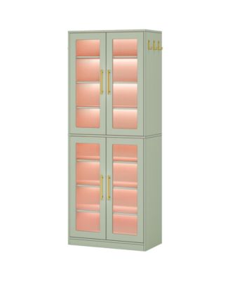 Tall Shoe Cabinet with Acrylic Doors and LED Lights, 8-Tier Entryway Shoe Storage Rack with Adjustable Shelves and Hanging Hooks
