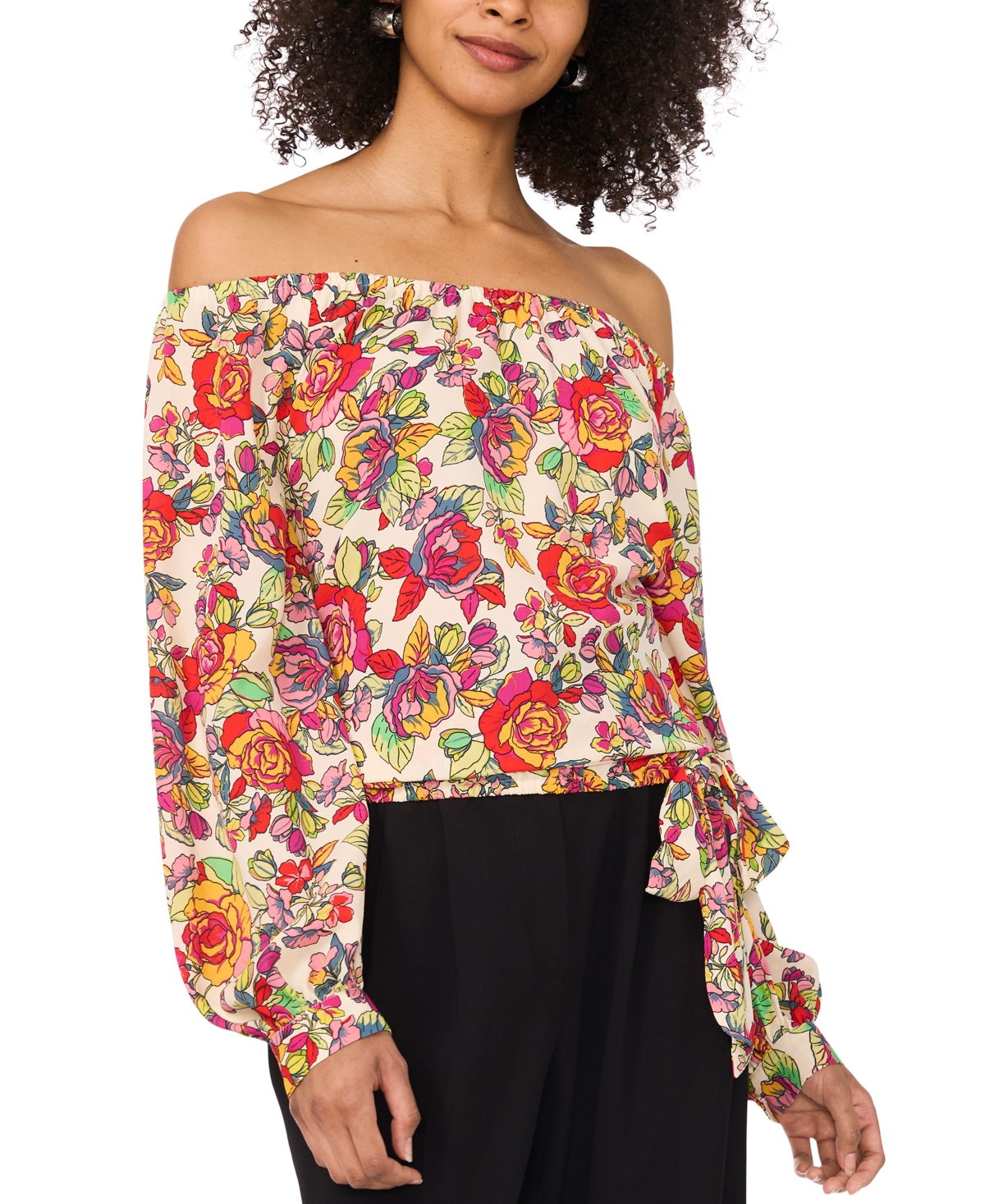 Shop Vince Camuto Women's Floral Off-the-shoulder Long-sleeve Tie-front Blouse In Red