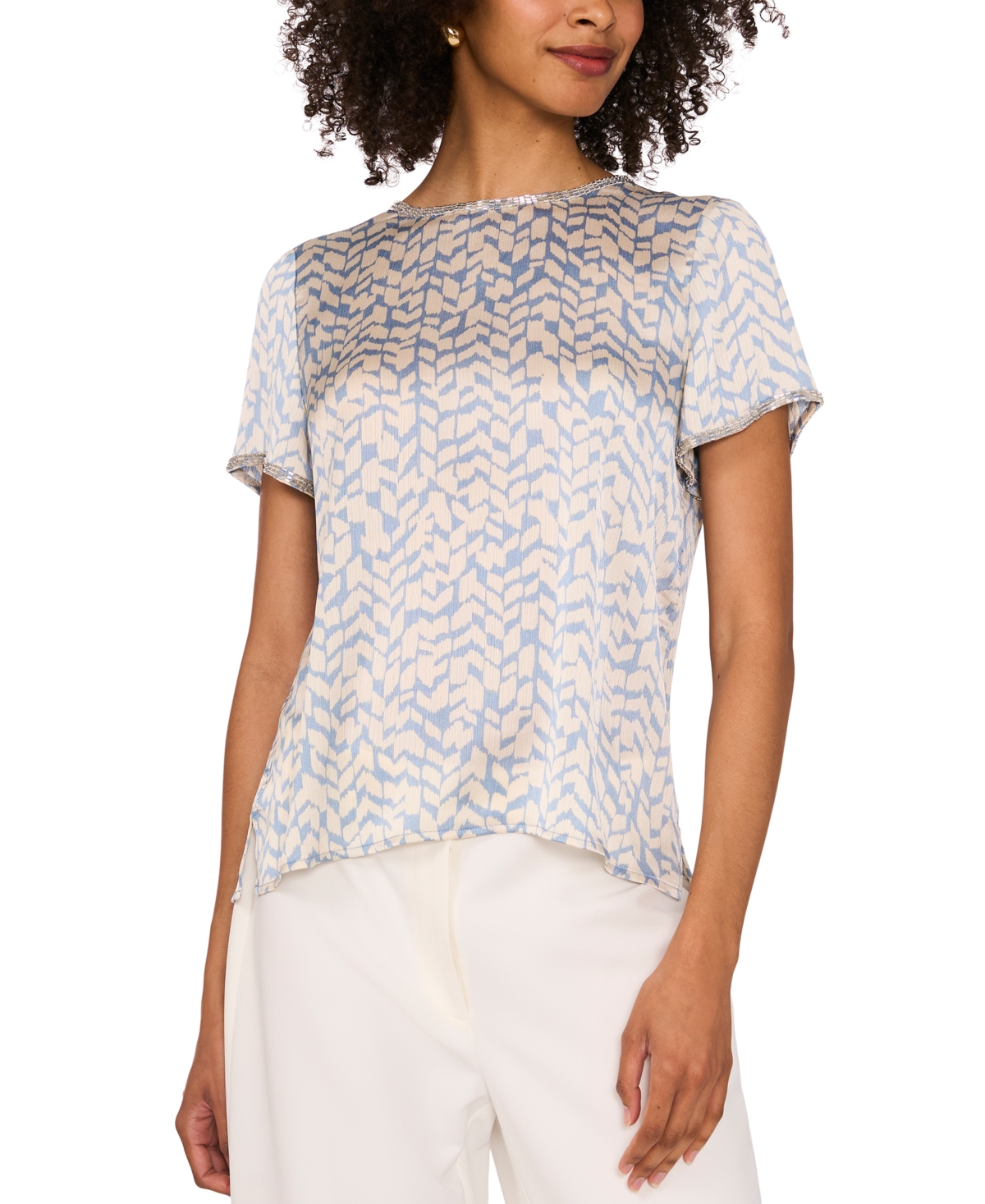 VINCE CAMUTO WOMEN'S ABSTRACT-PRINT BEAD-TRIM TOP 