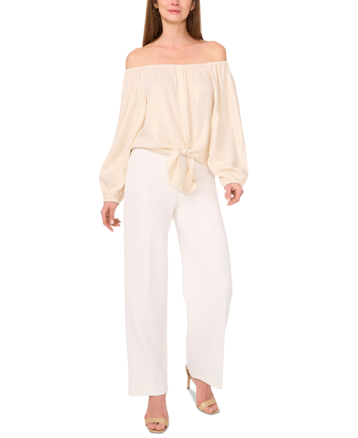 VINCE CAMUTO WOMEN'S OFF-THE-SHOULDER TIE-HEM BUTTON-FRONT TOP 