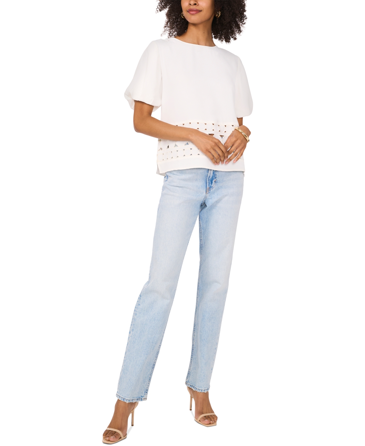 VINCE CAMUTO WOMEN'S CREWNECK PUFF-SLEEVE EMBROIDERED TOP 