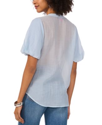 Women's Sequined Puffed-Sleeve Sheer V-Neck Top