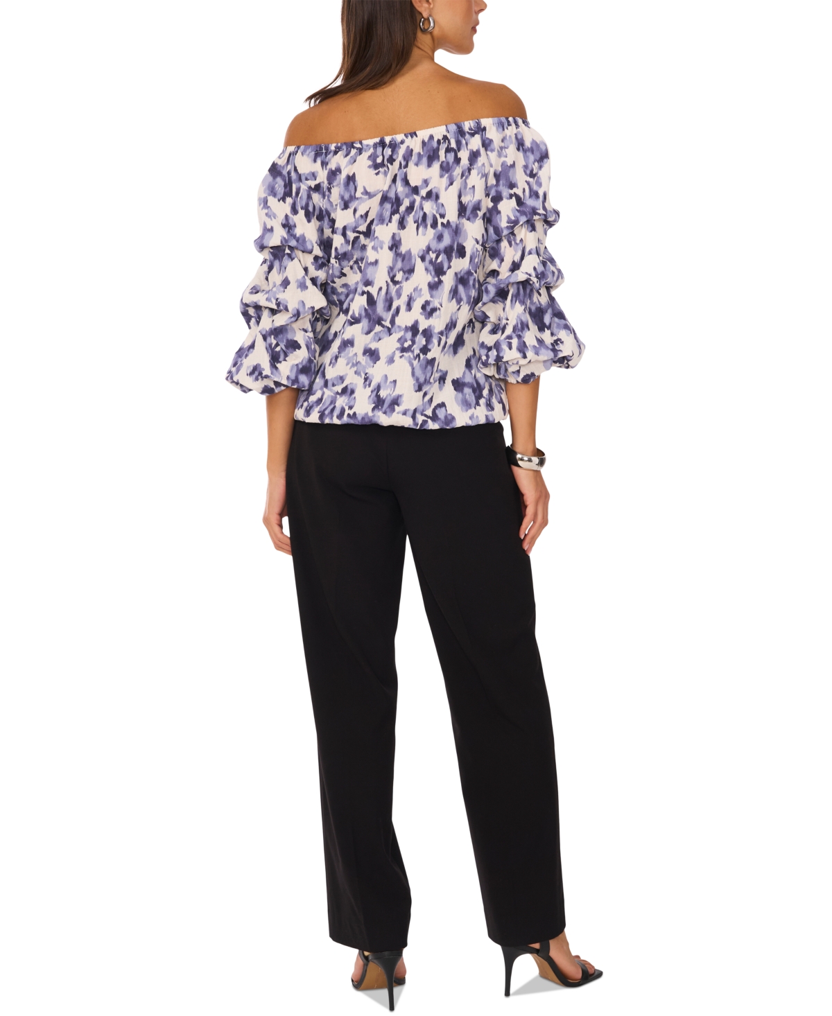 VINCE CAMUTO WOMEN'S FLORAL OFF-THE-SHOULDER BUBBLE 3/4-SLEEVE TIE-FRONT BLOUSE 
