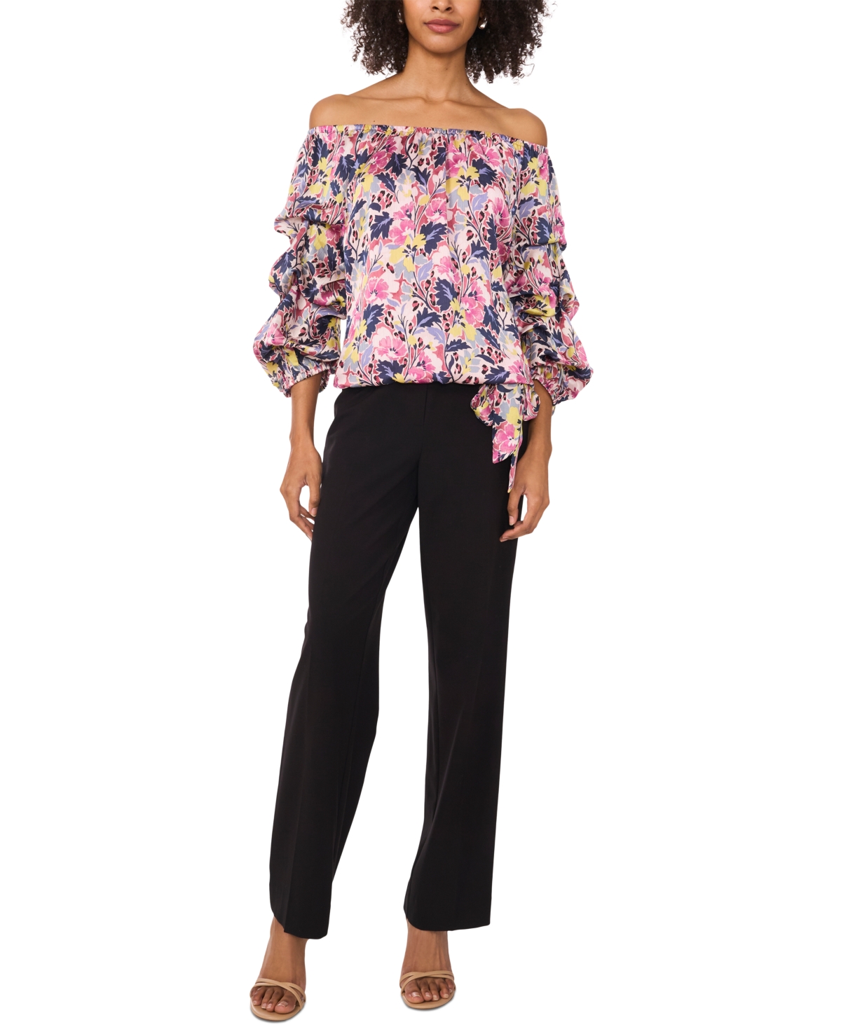 VINCE CAMUTO WOMEN'S PRINTED OFF-THE-SHOULDER BUBBLE 3/4-SLEEVE TIE-FRONT BLOUSE 