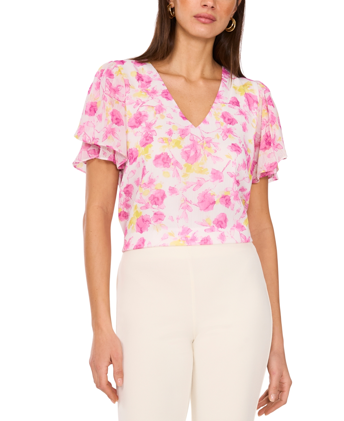 Shop Vince Camuto Women's Floral-print V-neck Tulip-sleeve Top In Violet Blush