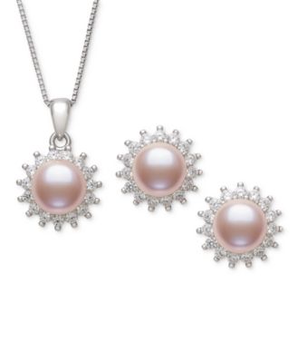 Belle de Mer - Dyed Black Peacock Cultured Freshwater Pearl (6-7mm) & Lab-Created Sapphire (1-3/4 ct. t.w.) Pendant Necklace & Stud Earrings Set in Sterling Silver (also in Blush Pink)