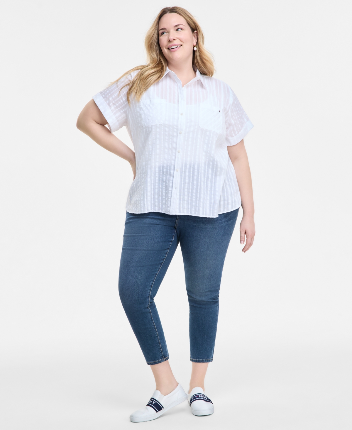 Tommy Hilfiger Plus Size Cotton Shadow-striped Camp Shirt In Dby Strp Cmp Shrt