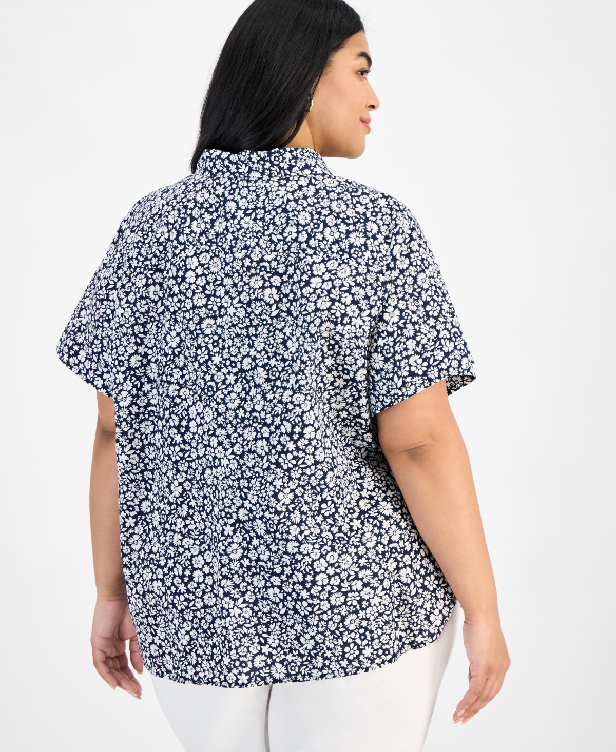 Tommy Hilfiger Plus Size Cotton Patchwork-print Camp Shirt In Blue