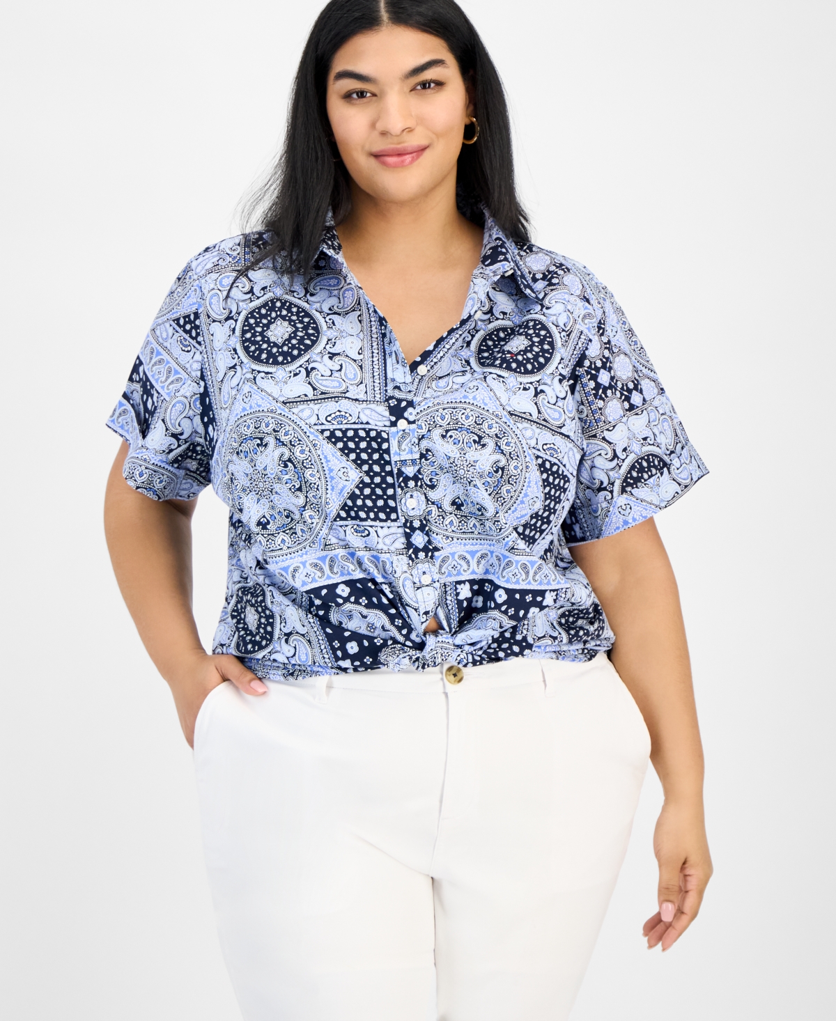 Tommy Hilfiger Plus Size Cotton Patchwork-print Camp Shirt In French Blue Multi