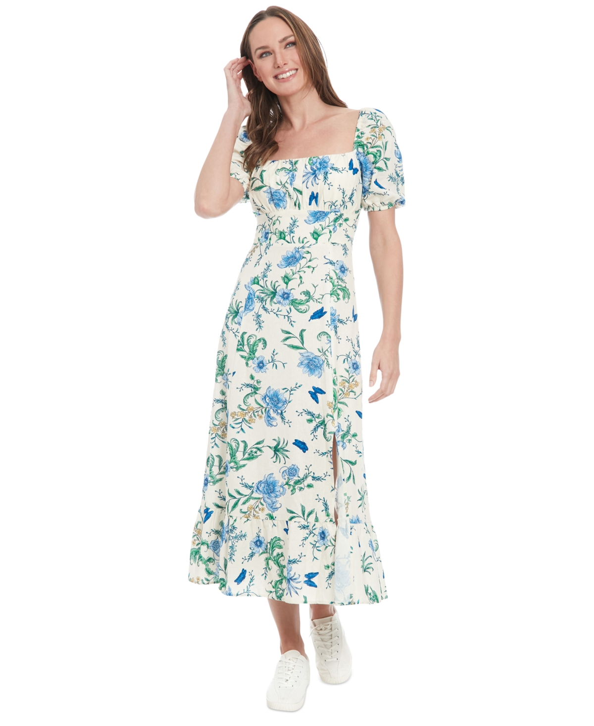 London Times Petite Linen-blend Floral-print Maxi Dress In Crmdnblu