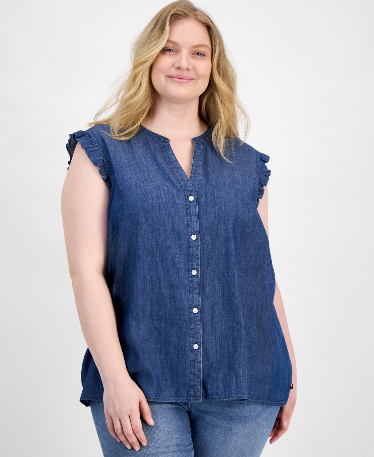 Tommy Hilfiger Plus Size Chambray Ruffle-cuff Shirt In Blue
