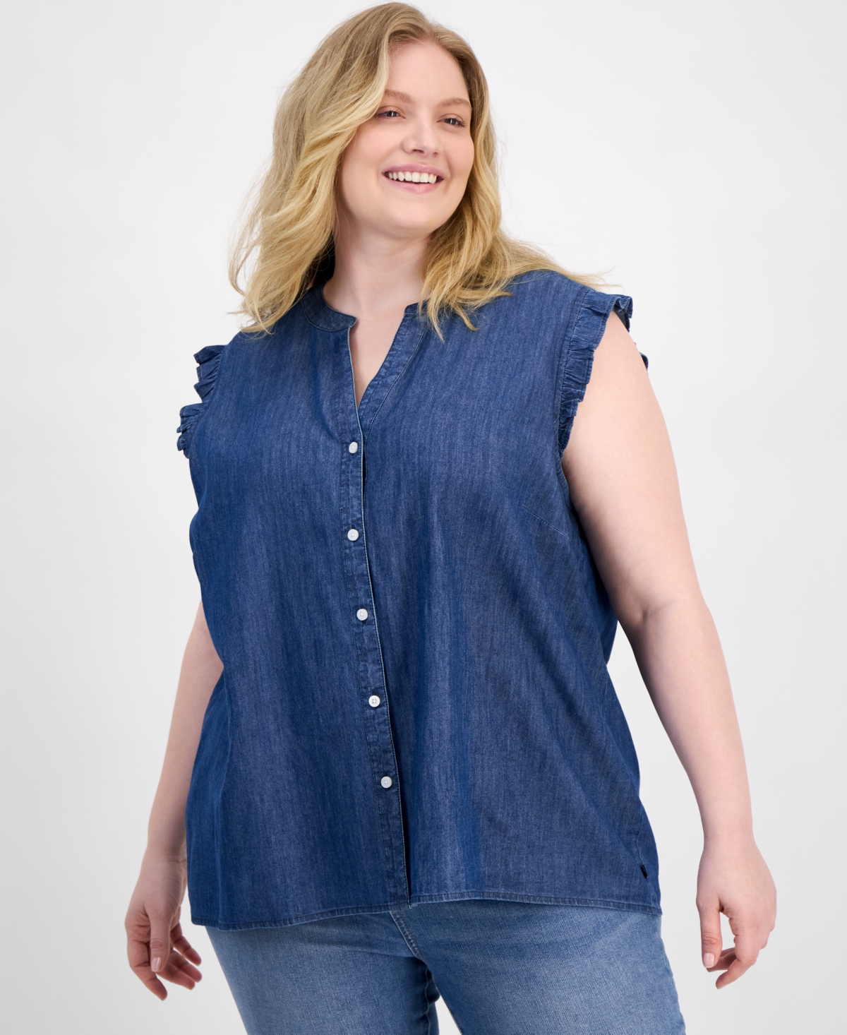 Tommy Hilfiger Plus Size Chambray Ruffle-cuff Shirt In Blue