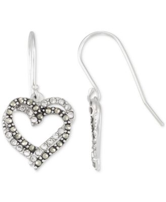 Crystal & Marcasite Interlocking Double Heart Drop Earrings in Sterling Silver
