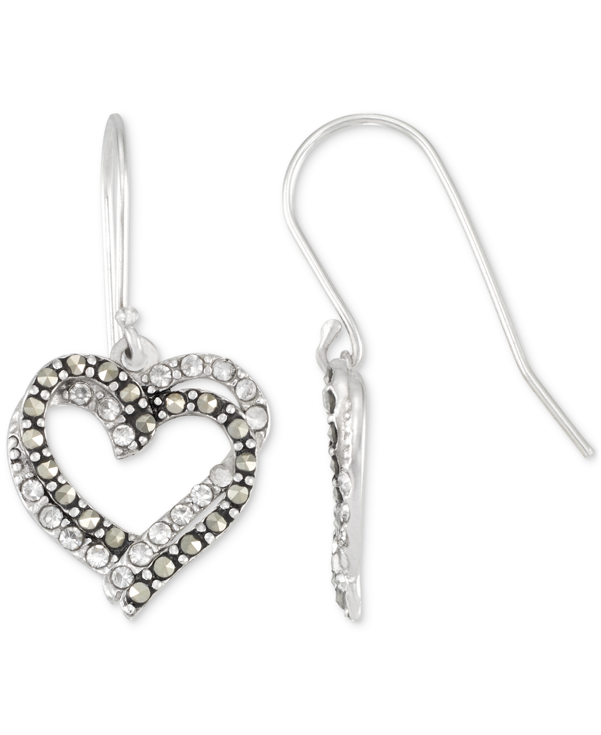Macy's Crystal & Marcasite Interlocking Double Heart Drop Earrings In Sterling Silver In Marcasite