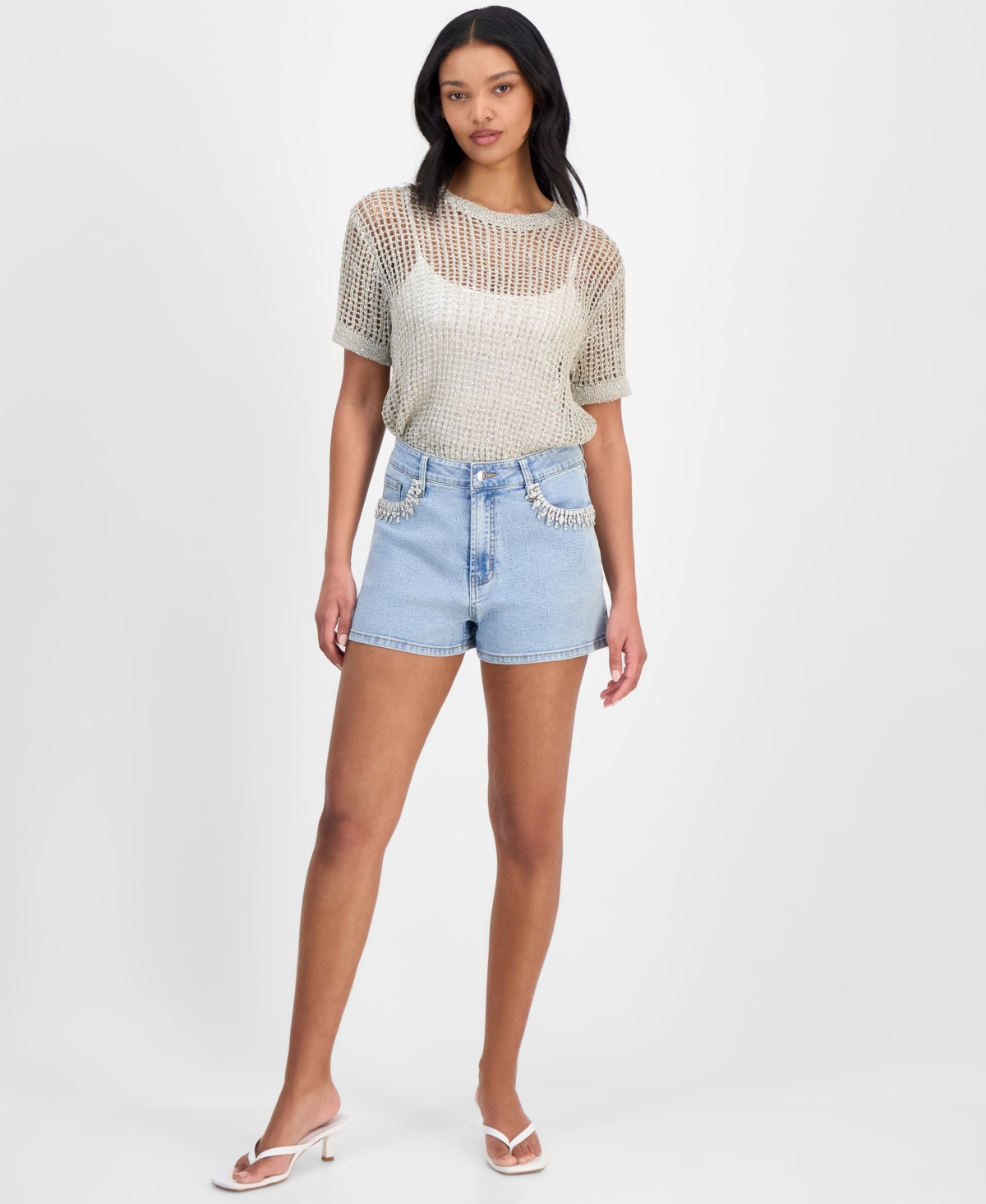 Women's Rhinestone-Pocket Denim Shorts, Exclusively at Macy's - Robin Wash