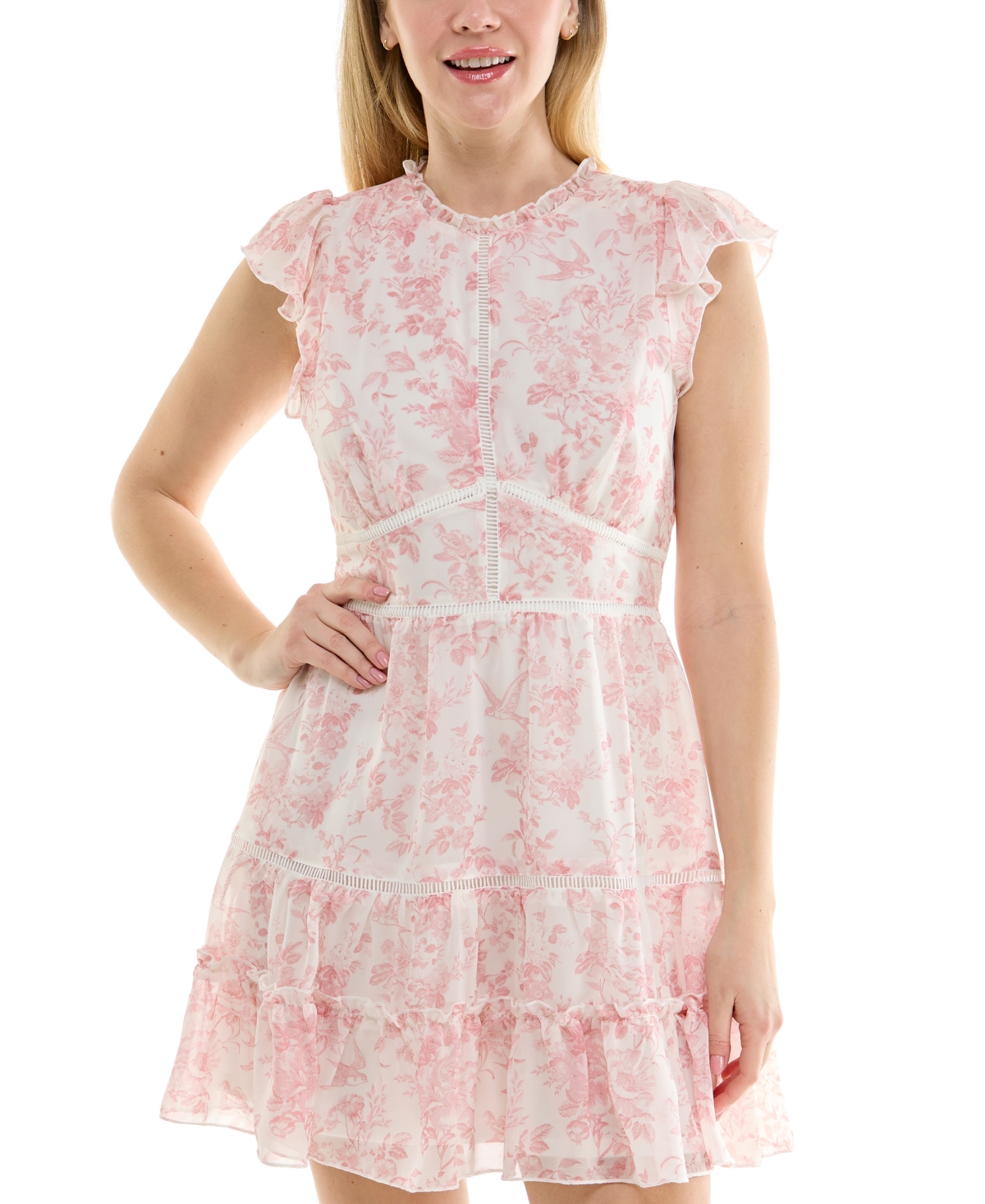 Juniors' Flutter-Sleeve Tiered Mini Dress - White/Pink