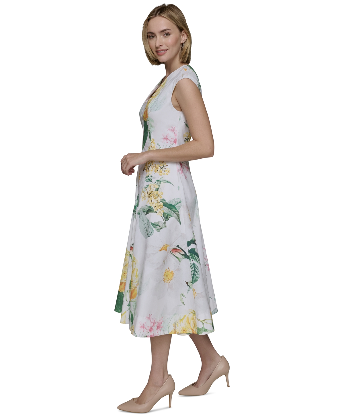 Karl Lagerfeld Petite Allover Floral Midi Dress In Soft White Multi