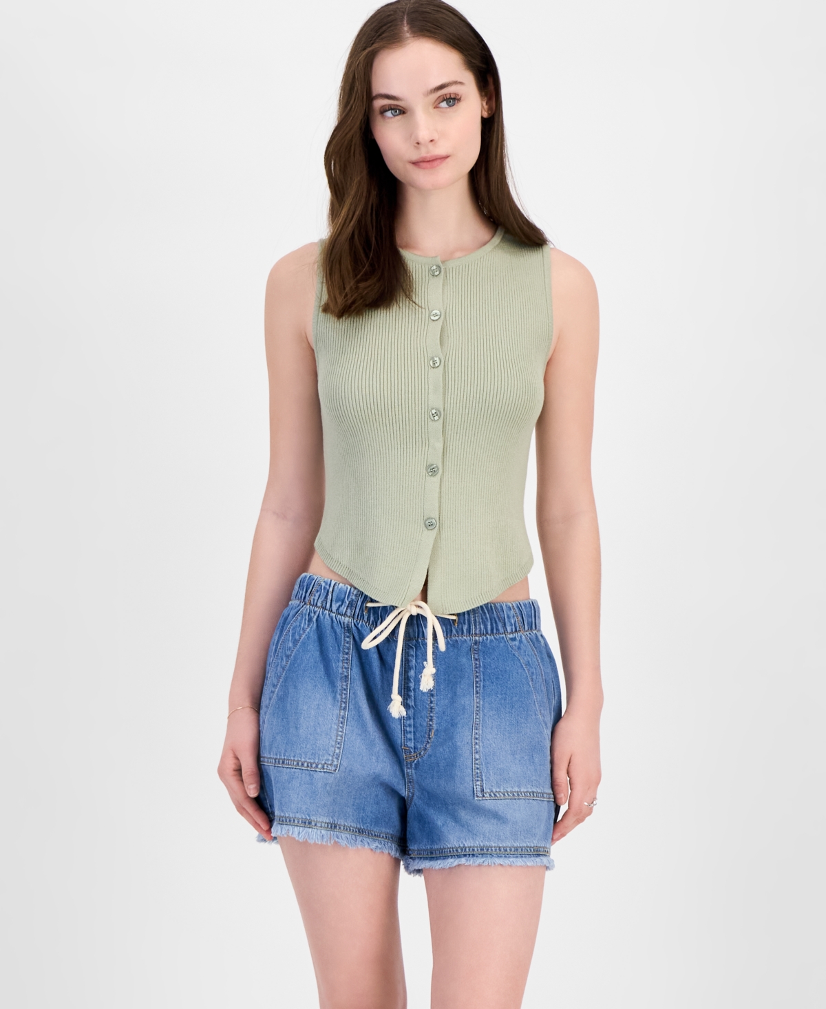 Juniors' Button Front Ribbed Sweater Tank - Desert Sage