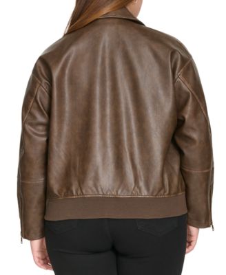 Plus Size Faux Leather Dad Bomber Jacket