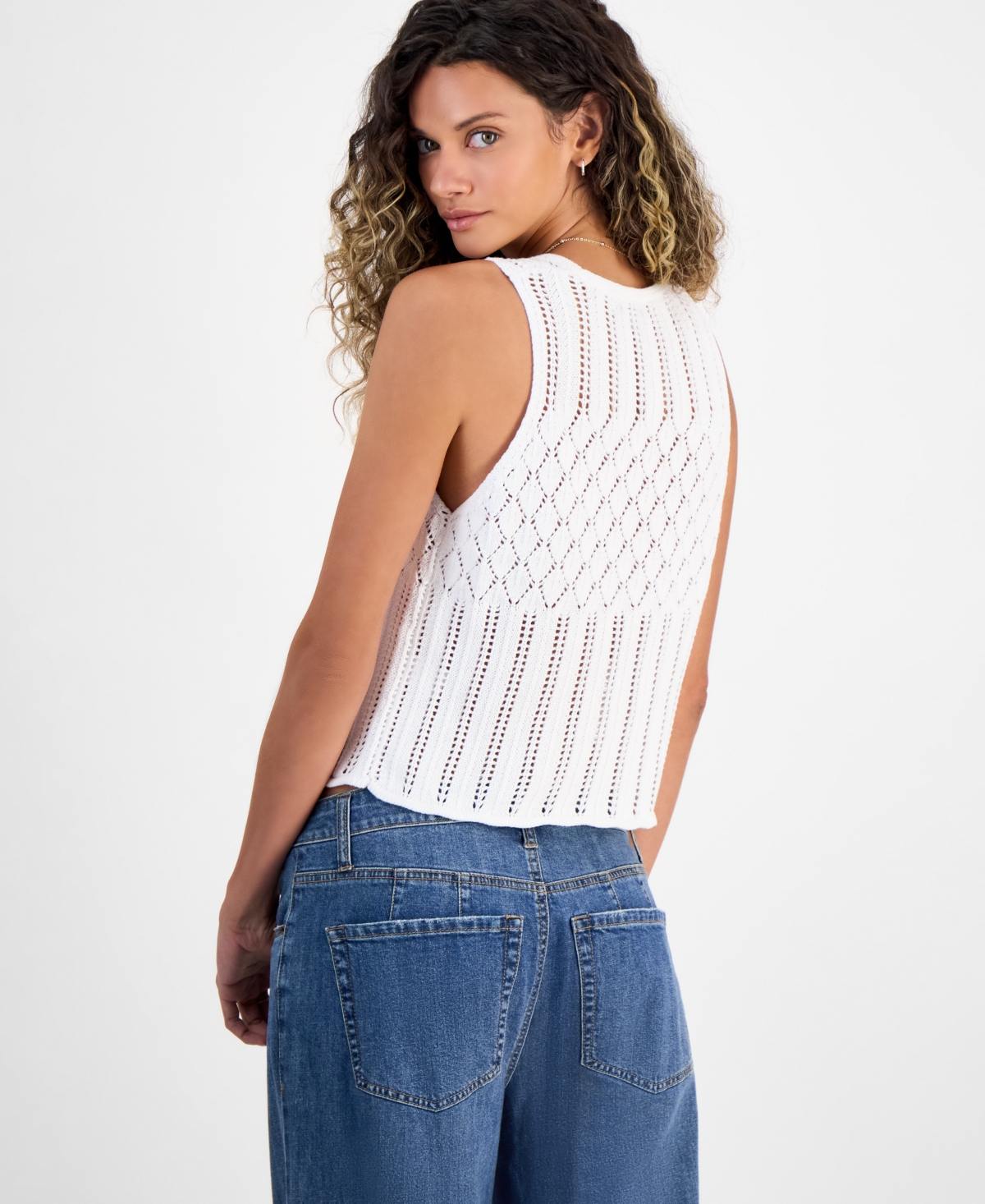 Hooked Up By Iot Juniors' Pointelle Double-button Vest Top In White