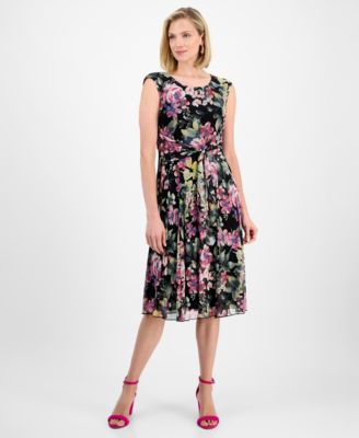 Connected - Women's Floral Chiffon Tie-Waist Midi Dress
