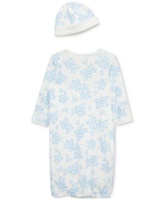 Baby Girls Blue Roses Cotton Gown & Hat, 2 Piece Set