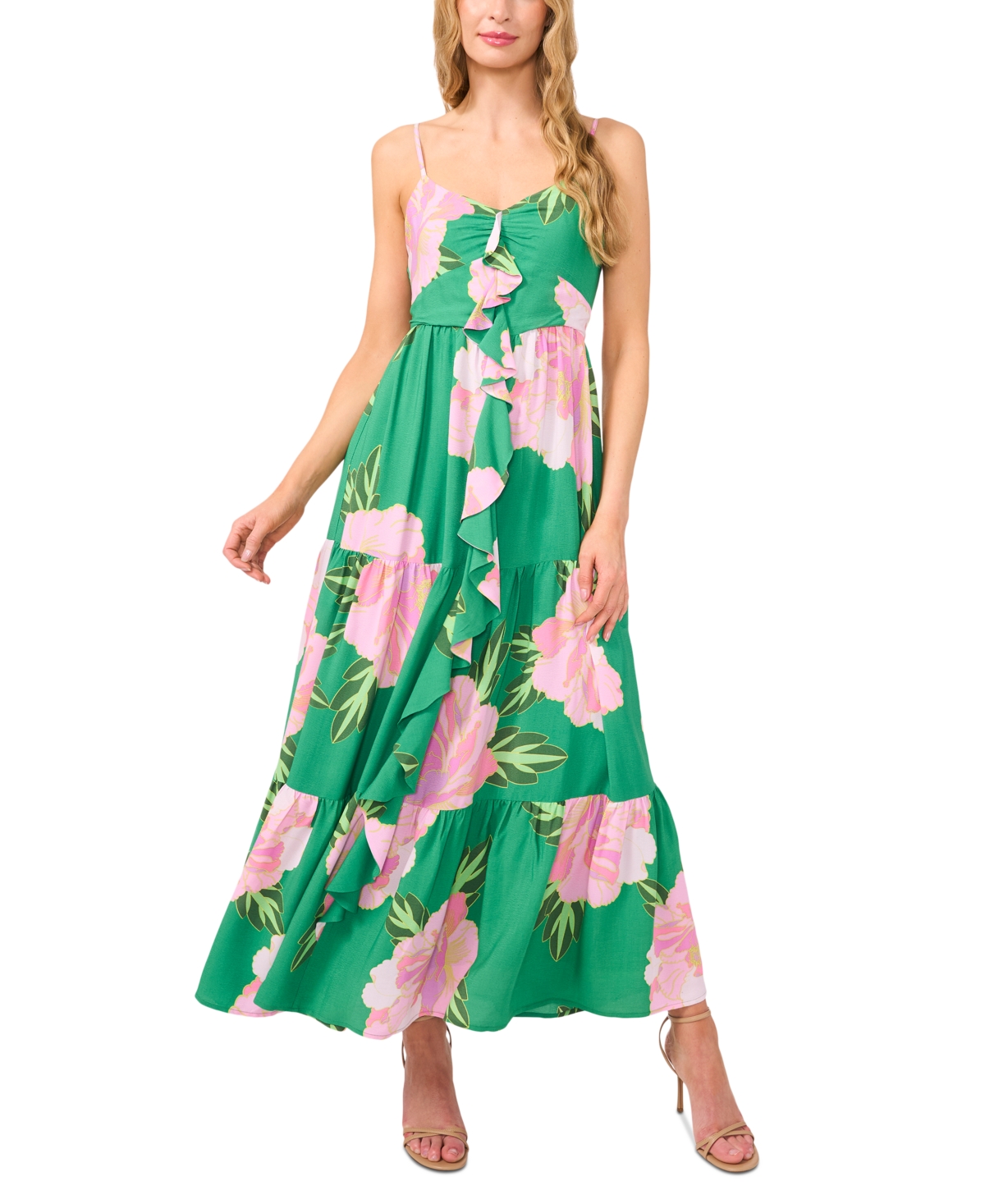 Shop Cece Women's Ruffle-front Tiered Floral Maxi Dress In Medium Green