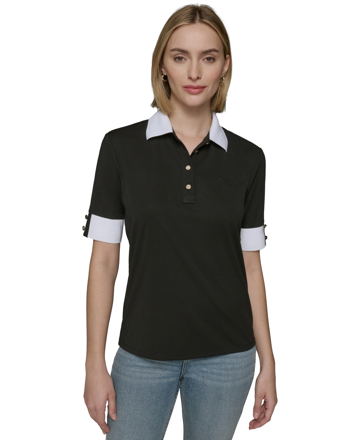 Shop Karl Lagerfeld Women's Contrast-cuff Polo Top In Black
