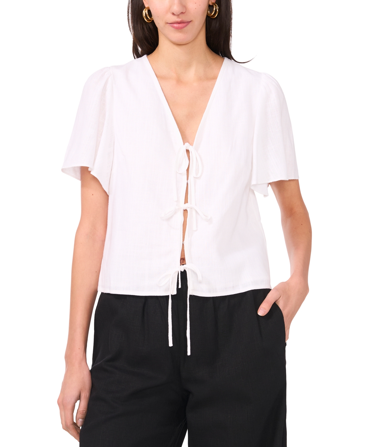 Women's Tie-Front Flutter-Sleeve V-Neck Top - Ultra White