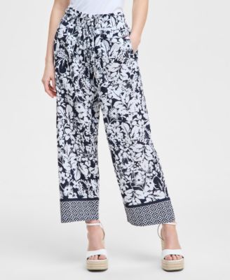 Women's Floral-Print Pull-On Wide-Leg Pants
