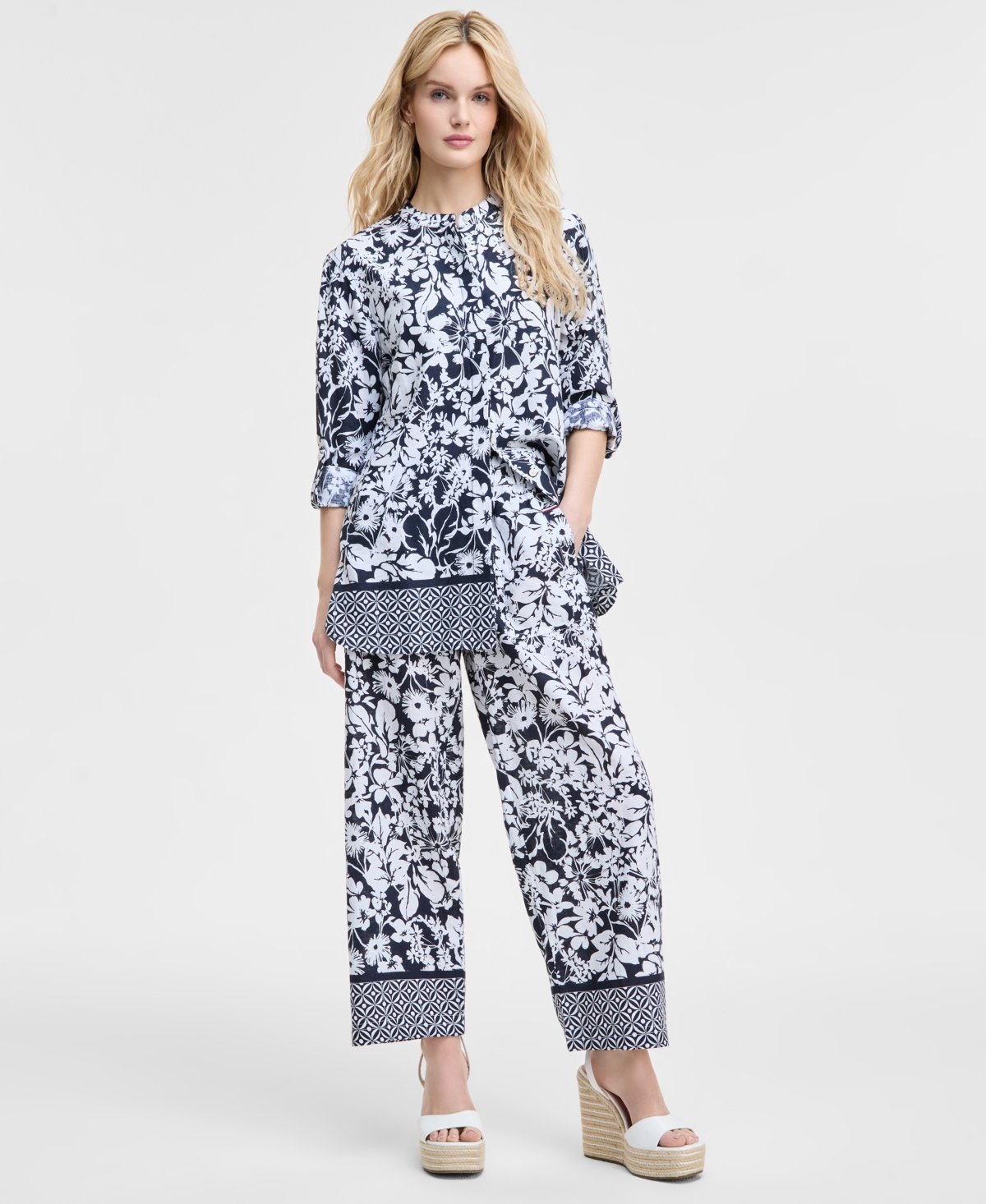 Tommy Hilfiger Women's Printed Long-sleeve Tunic In Sky Captain,bright White