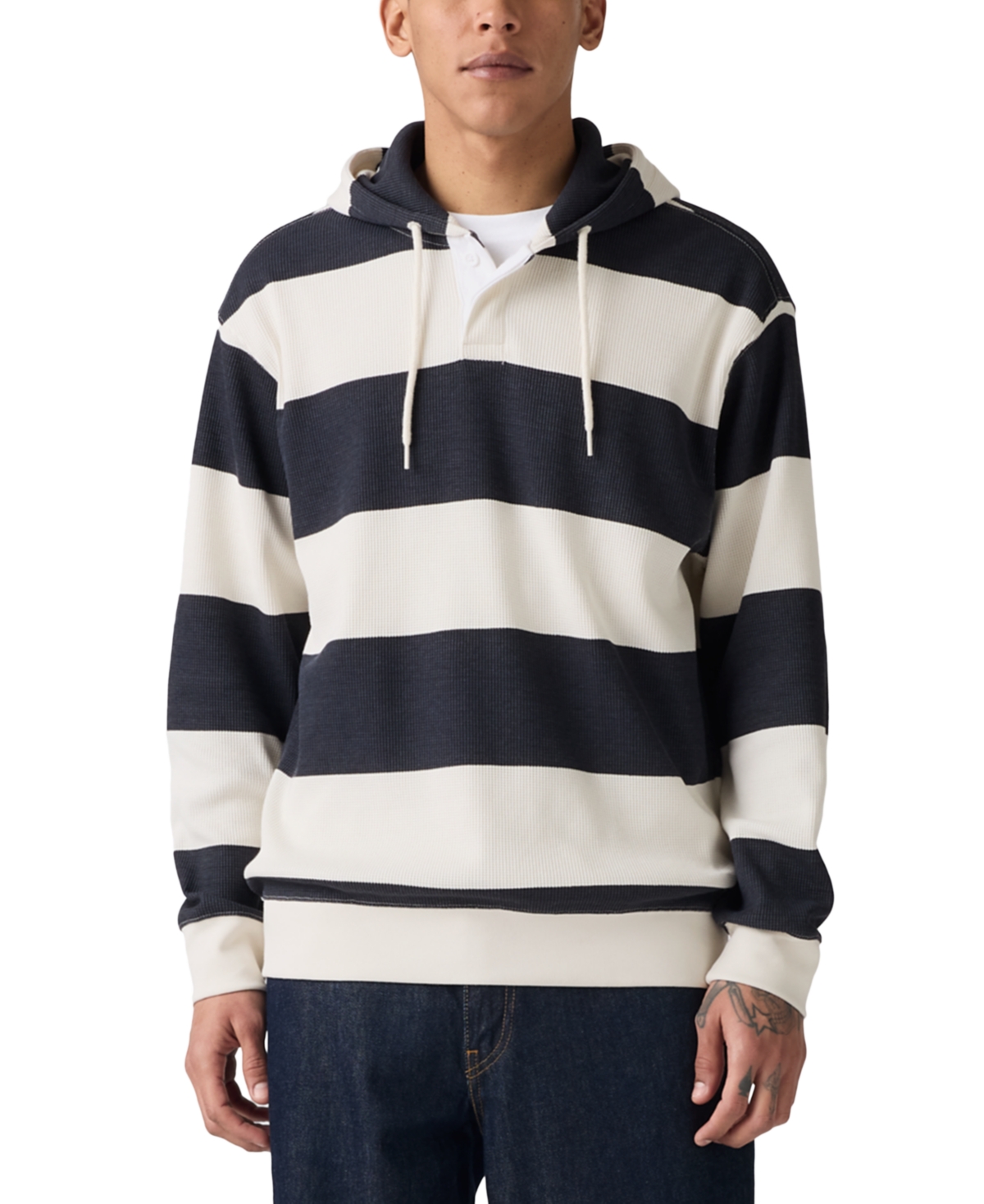 Men's Relaxed Fit Long Sleeve Thermal Rugby Hoodie - Navy