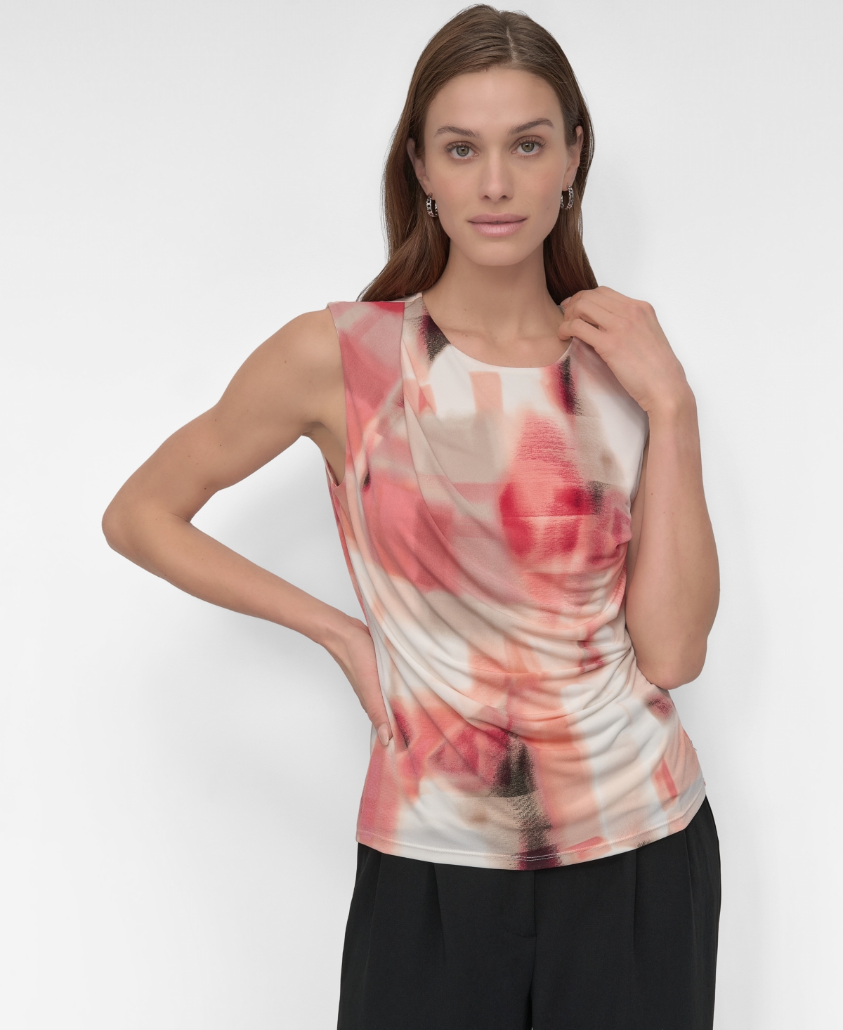 Women's Printed Zip-Shoulder Sleeveless Knit Top - Coral Crush Multi