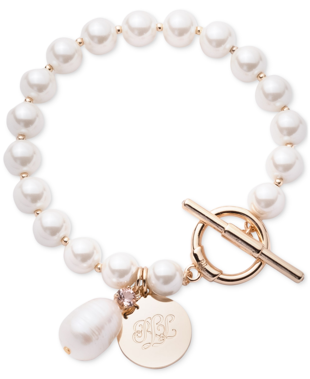 Gold-Tone Imitation Pearl Charm Toggle Clasp Bracelet - Crystal/Silver