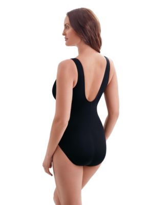 Women's Black O-Ring Surplice Long Torso One-Piece Swimsuit