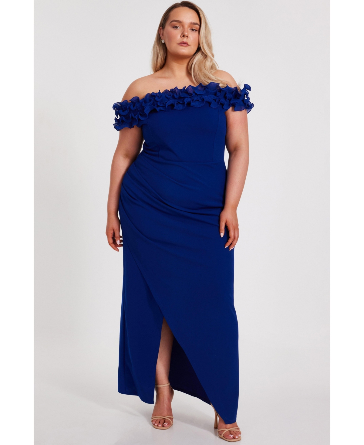 Plus Size Bardot Ruffle Maxi Dress - Royal blue