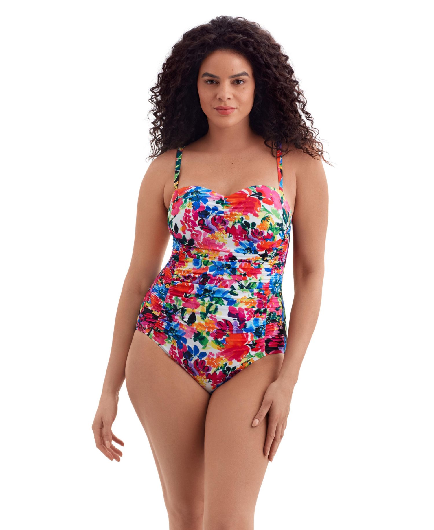 Women's Blooming Bouquet Shirred Sweetheart Tank Long Torso One-Piece Swimsuit