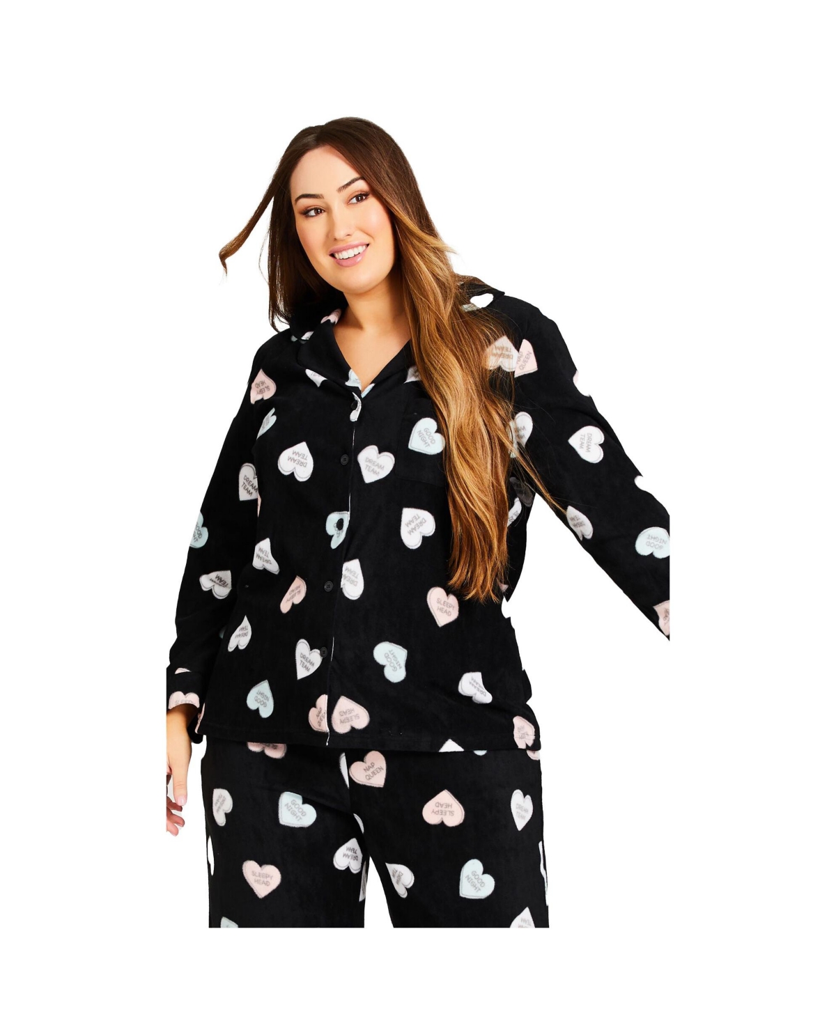 Women's Button Up Fleece Top - Heart print