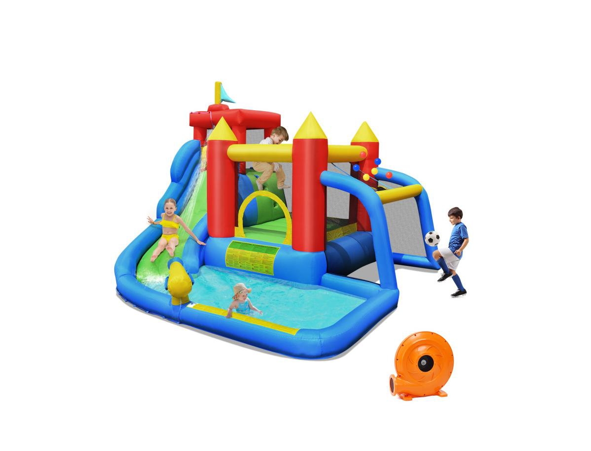 Inflatable Bounce House with Water Slide, Climbing Wall & Splash Pool Blower Included for Instant Fun - Multicolor