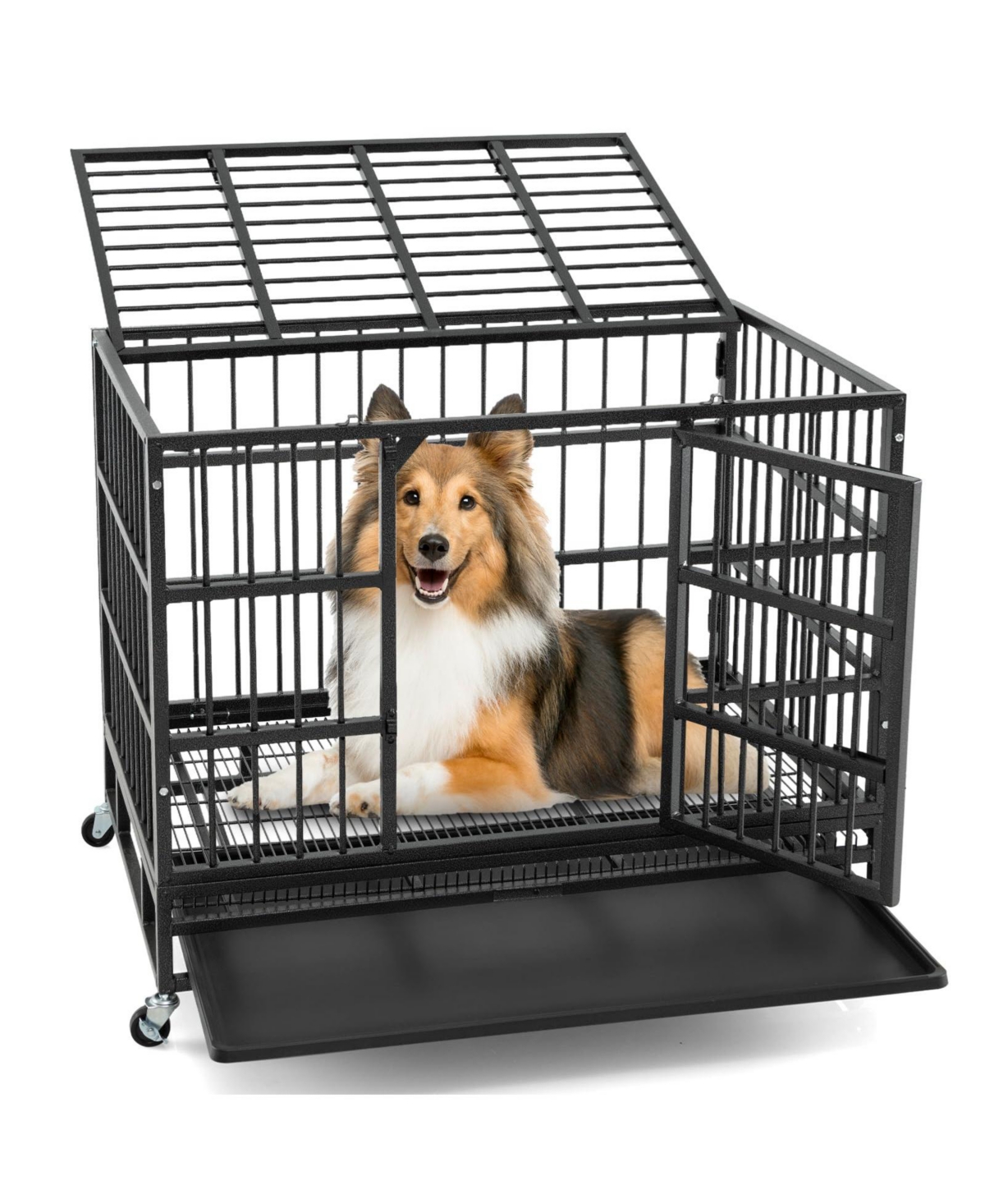 38 Inch Foldable Heavy-Duty Metal Dog Cage with Lockable Rolling Casters and Tray - Black