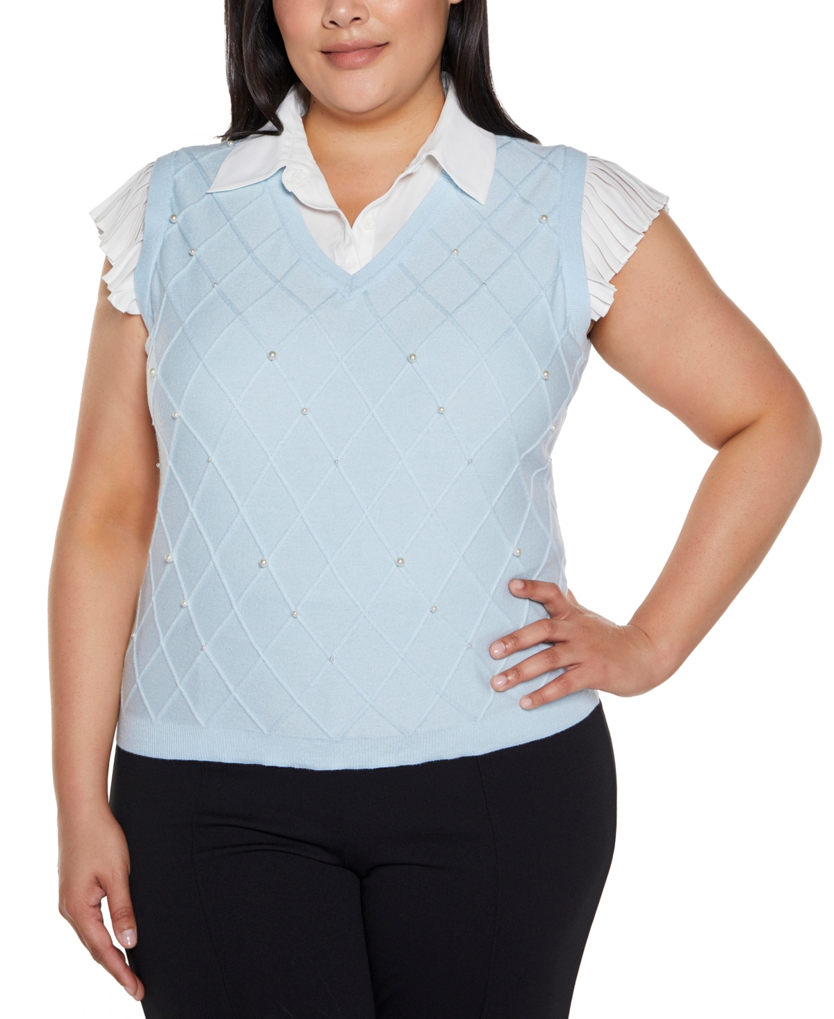 BELLDINI PLUS SIZE FLUTTER SLEEVE TWO-FER SWEATER 