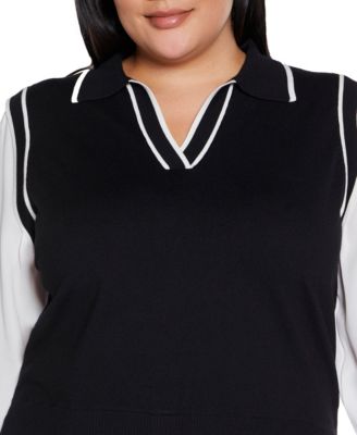 Plus Size Collared Split-Neck Two-Fer Sweater