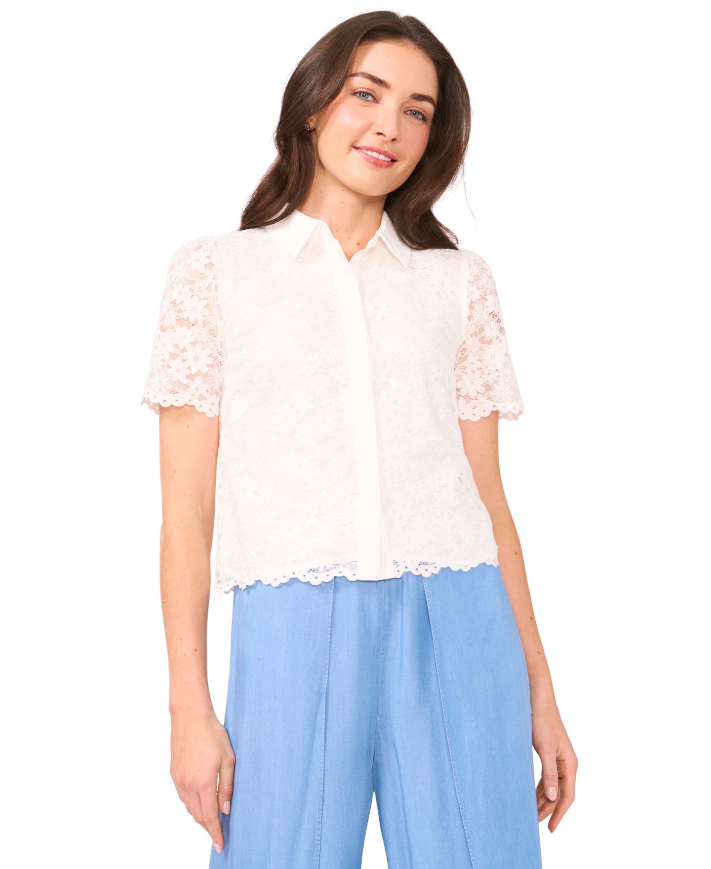 Женская рубашка CeCe Lace Short-Sleeve Shirt, цвет: Слоновая кость — фото 2