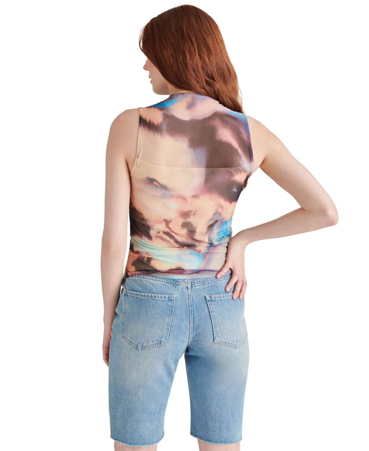 Steve Madden Women's Mock-neck Printed Sleeveless Mesh Top In Desert Pink