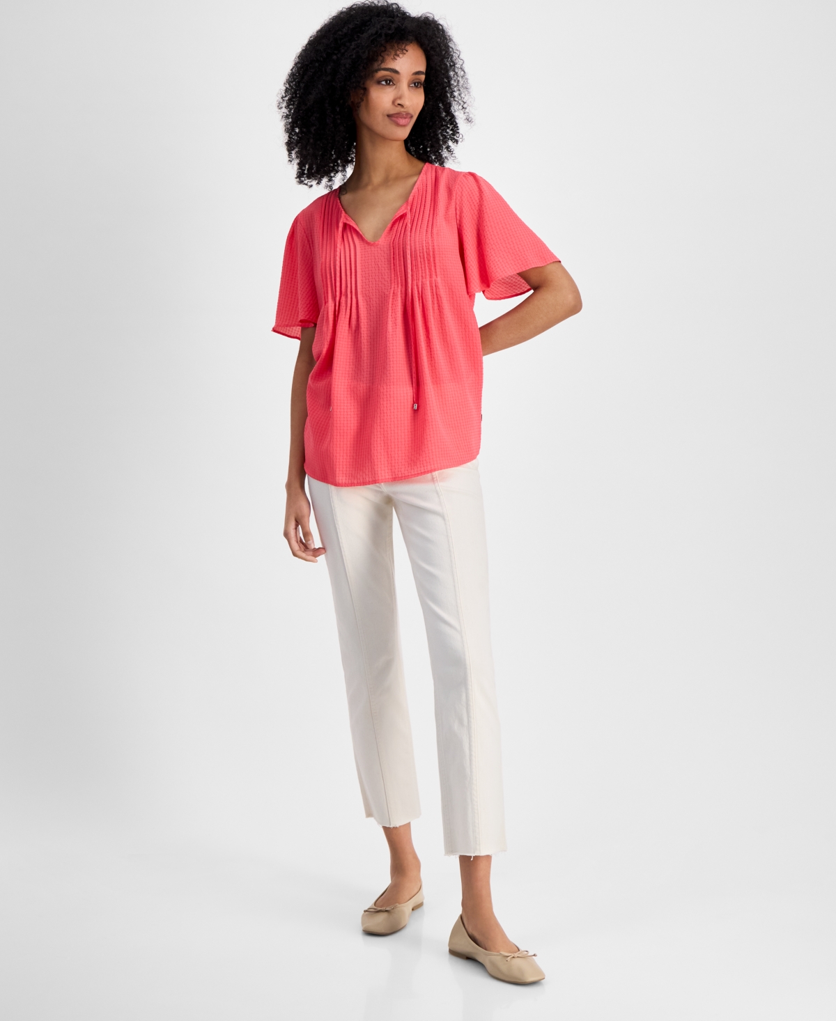 売れ筋商品|||トミー ヒルフィガー カットソー トップス レディース Women's Gingham Pintucked Top Sherbert Tommy Hilfiger Women's Gingham Pintucked Top In Sherbert