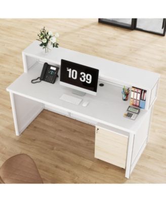 Reception Desk with Counter, 57-Inch Rustic Front Desk Receptionist Table, Boho Welcome Desk Checkout Counter for Office, Retail, Lobby, Beauty Salon